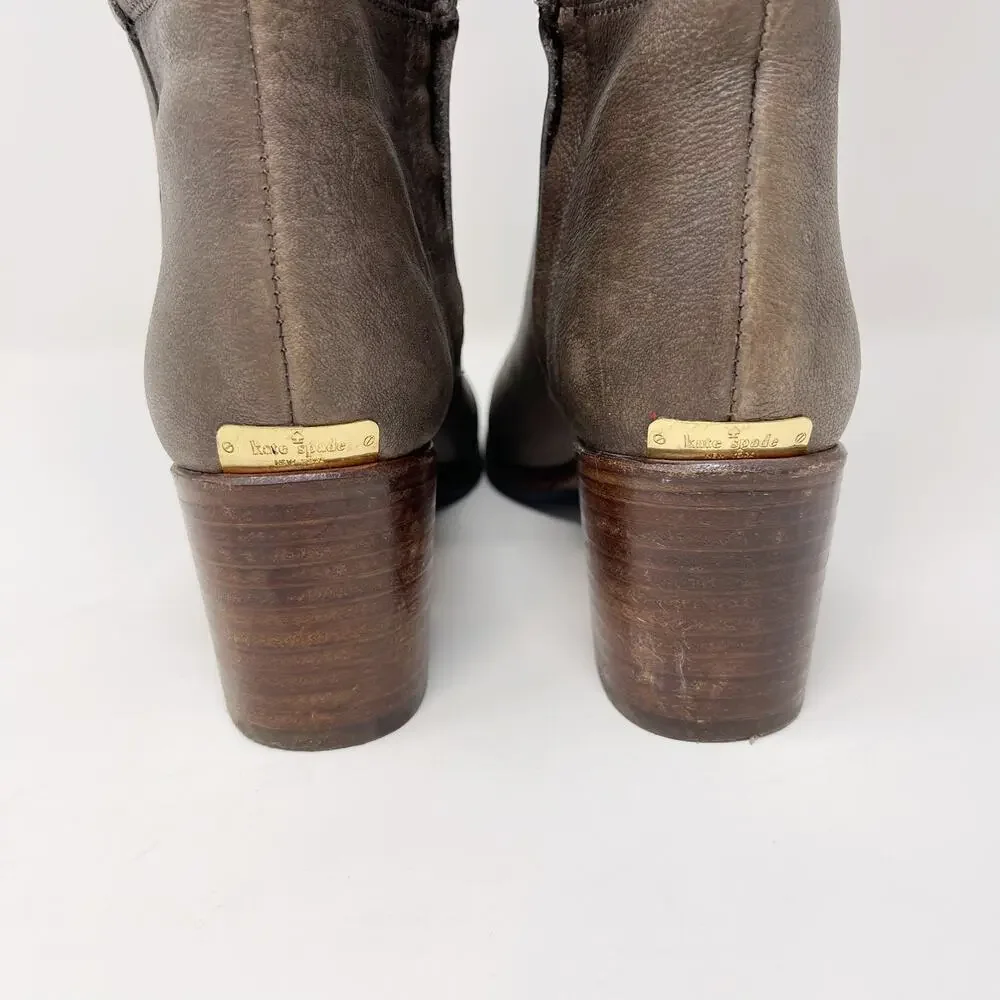 Kate Spade Size 6 Gray Leather Block Heeled Tall Boots Almond Toe Side Zipper